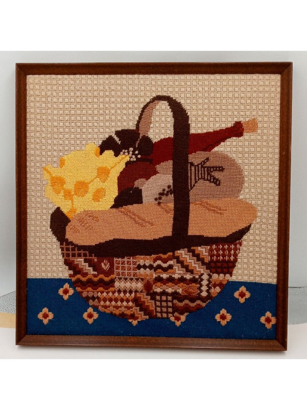 Picnic Basket Wall Art Needlepoint Fiber Farmhouse Cottagecore Vintage Home